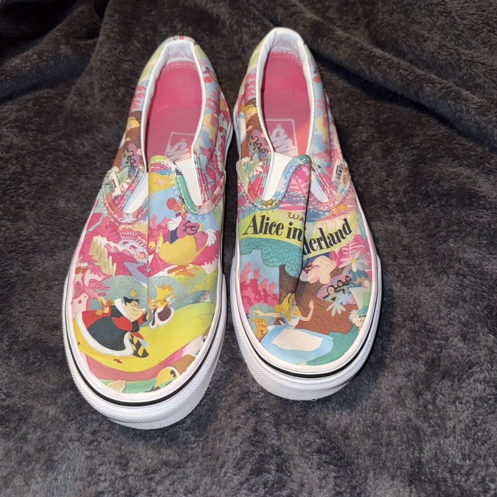 Vans Alice in Wonderland Slip-On Sneakers in Pink, Yellow, Blue